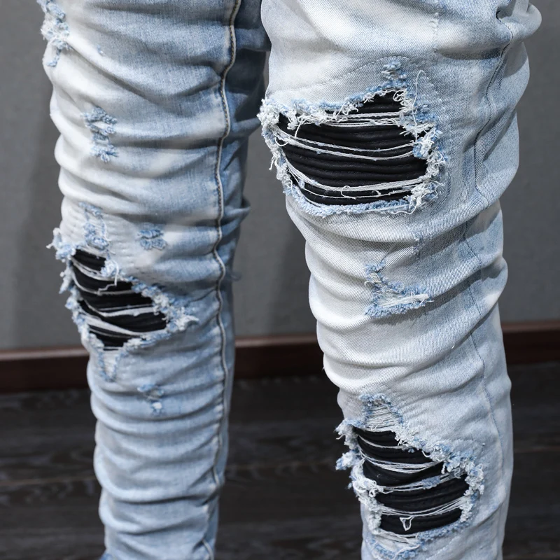 High Street Fashion Men Jeans Retro Light Blue Elastic Skinny Fit Ripped Jeans Men Leather Patched Designer Hip Hop Brand Pants