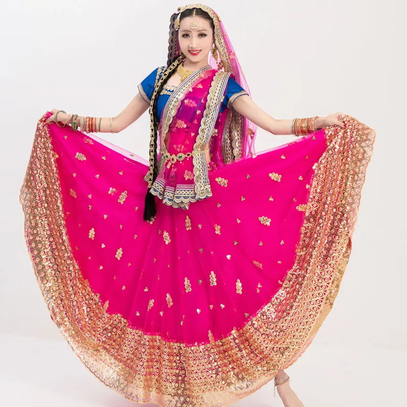

New Indian Dance Costumes For Women Adult/Kids Short Sleeve Blue Tops Rose Red Golden Skirt Bollywood Elegant Saree Suit 2022