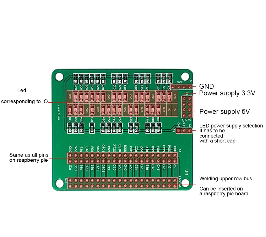 

Новинка для Raspberry Pi, светодиодная тестовая плата, плата для тестирования порта ввода-вывода, плата адаптера, светодиодный общий анод 3,3 В, 5 В, источник питания светодиодный для Arduino