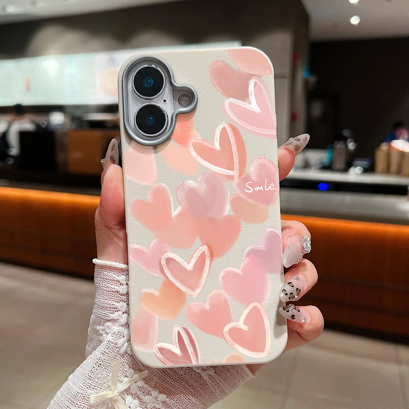 Pink Love Hearts Case For iPhone 11 12 13 14 15 Pro Max SE Luxury Leather Texture Soft Silicone Cover 16