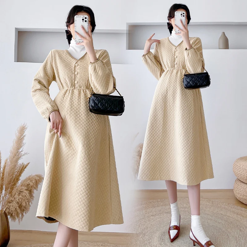 

944# V Neck A Line Slim Autumn Winter Cotton Padded Maternity Dress Thermal Warm Ins Clothes for Pregnant Women Pregnancy