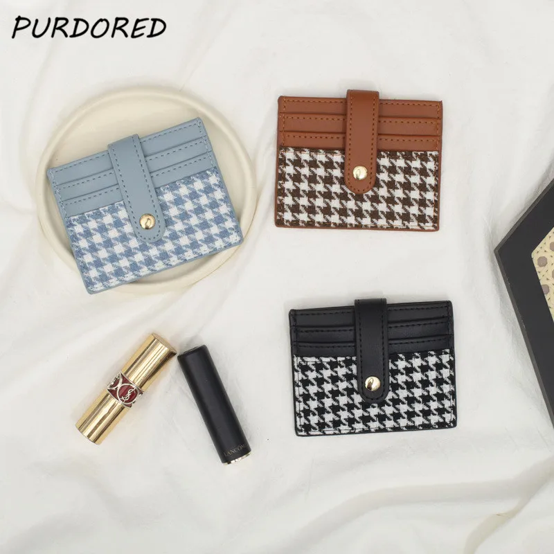 PURDORED – porte-cartes pied-de-poule pour femmes  en cuir Pu  Mini Silm  portefeuille