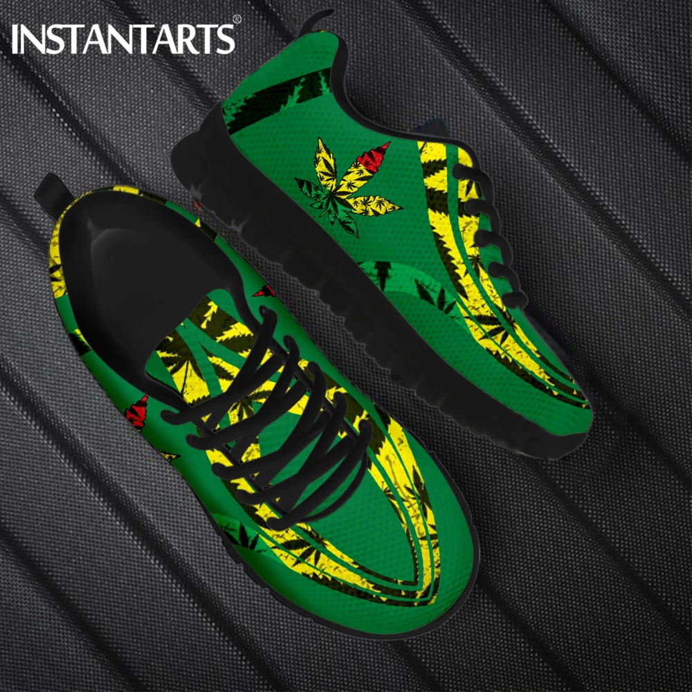 INSTANTARTS Cool 3D Weed Leaves Print Women Mesh Sneakers Breathable Lace-up Flat Shoes Female Spring Winter Soft Sport Loafers