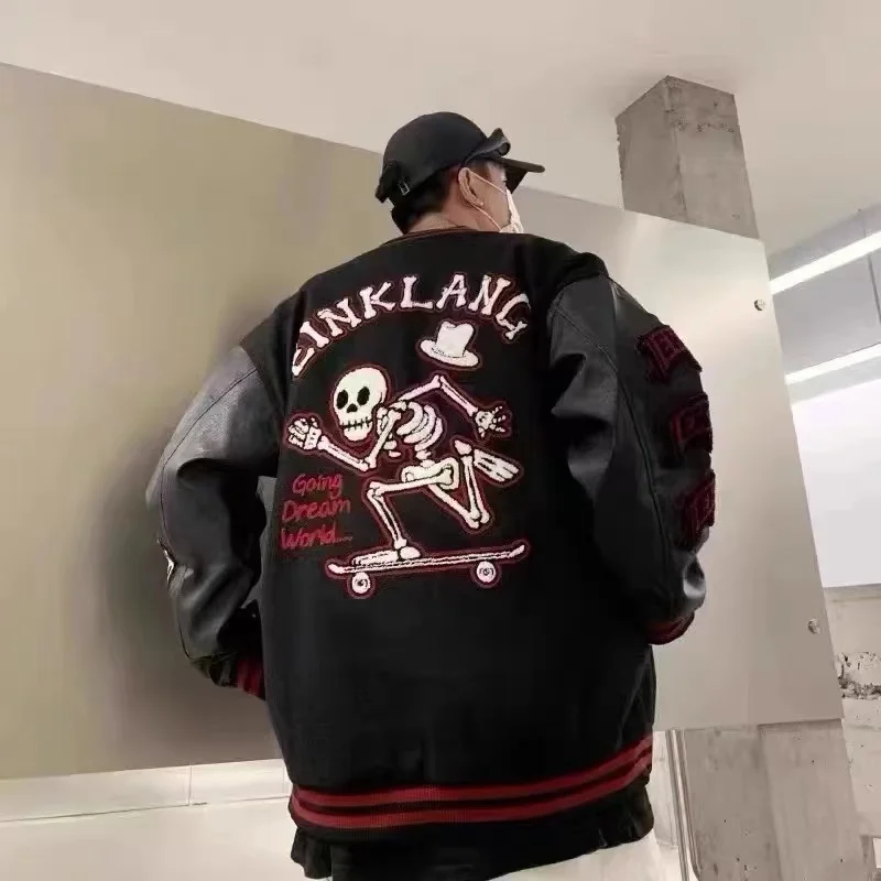 

Y2k Jacket Harajuku Hip Hop Skull Graphic Embroidery Jacket Men 2023 New Retro Gothic Patchwork Baseball Uniform Coat Streetwear