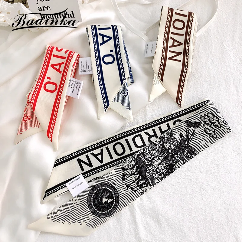 

2021 New Chic Silk Scarf Printed Animal Hairbands Luxury Long Bag Ribbon Scarf French Retro Style Bandage Head Decoration