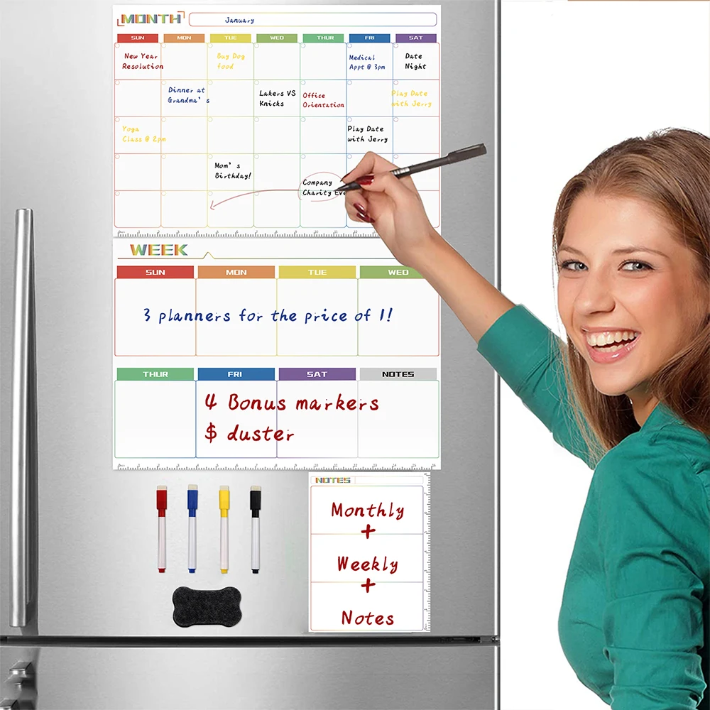 

Magnetic Dry Erase Monthly Calendar Set Fridge Magnet White Board Weekly Planner Grocery List Organizer for Kitchen Refrigerator