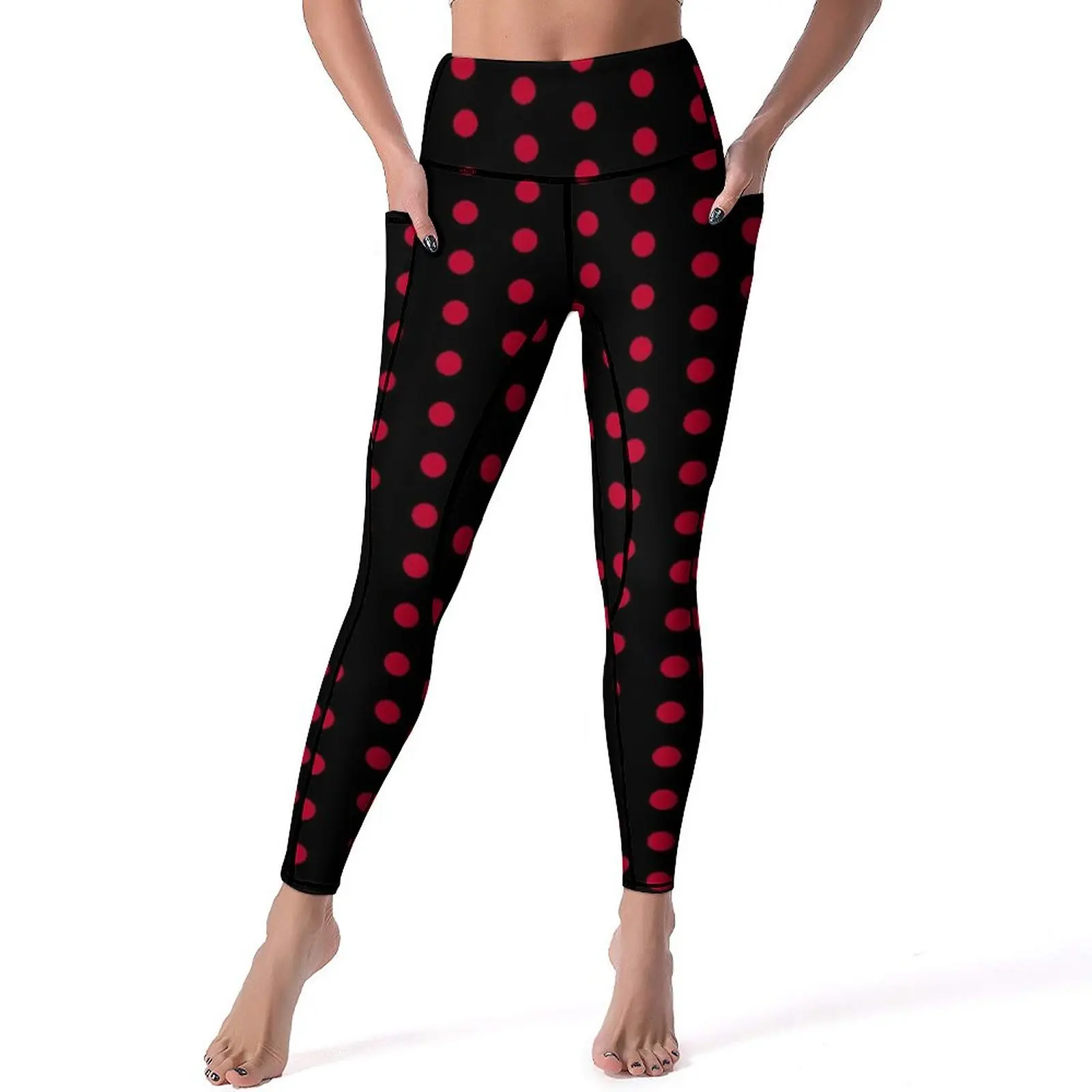 

Black with Red Polka Dot Quality Leggings Dotted 70S Vintage Fitness Yoga Pants Sexy Stretch Sports Tights Women Retro Leggins
