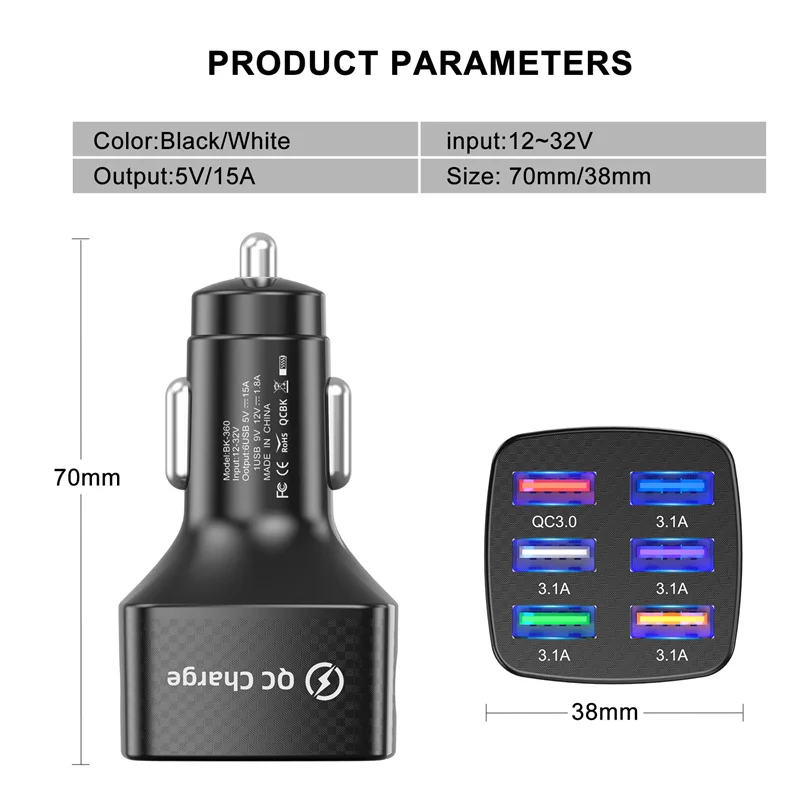 Car Charger Quick Charge 3.0 75W 15A 6 Ports USB Charger For iPhone 13 12 Pro Samsung Xiaomi Huawei Mobile Phone Charger images - 6