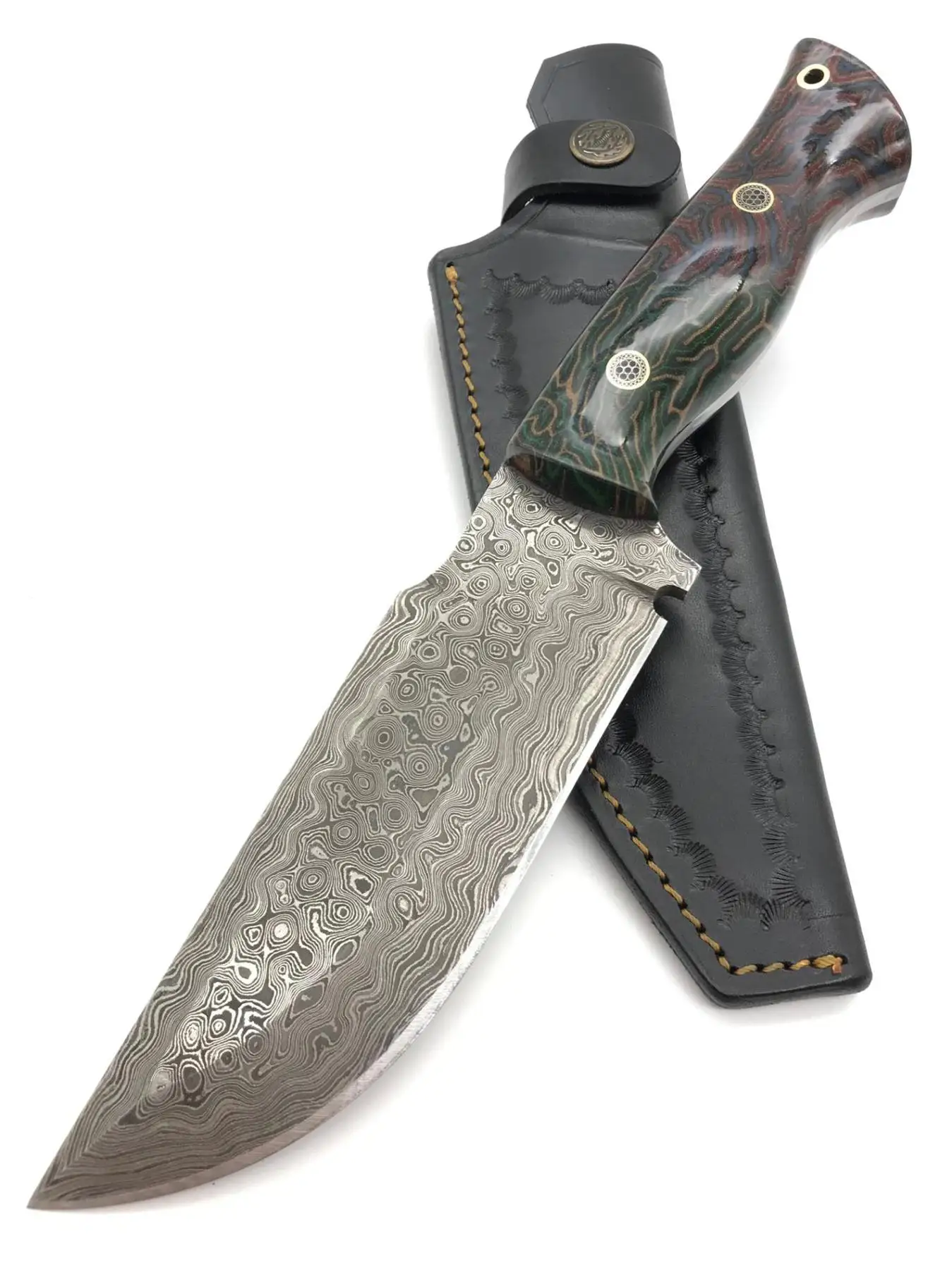 

Дамасский туристический нож ручной работы