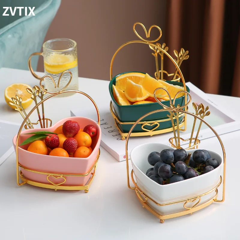 

Luxury Ceramic Dish For Fruit Heart Shaped Tray Snack Serving Plate Household Utensils Fruit Bowls With Fork Support Dishware