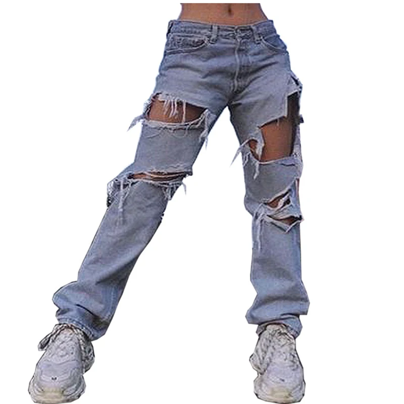 

Blue Ripped Low Rise Jeans for women Vintage Clothes y2k Fashion Straight Denim Trousers Streetwear Hole Hip Hop Pant jeans