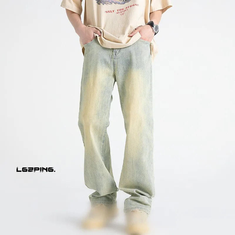 Yellow Mud Color Jeans Men's Straight Pants American High Street Washed Pant Baggy Trunks Korean Oversize Male Trouses