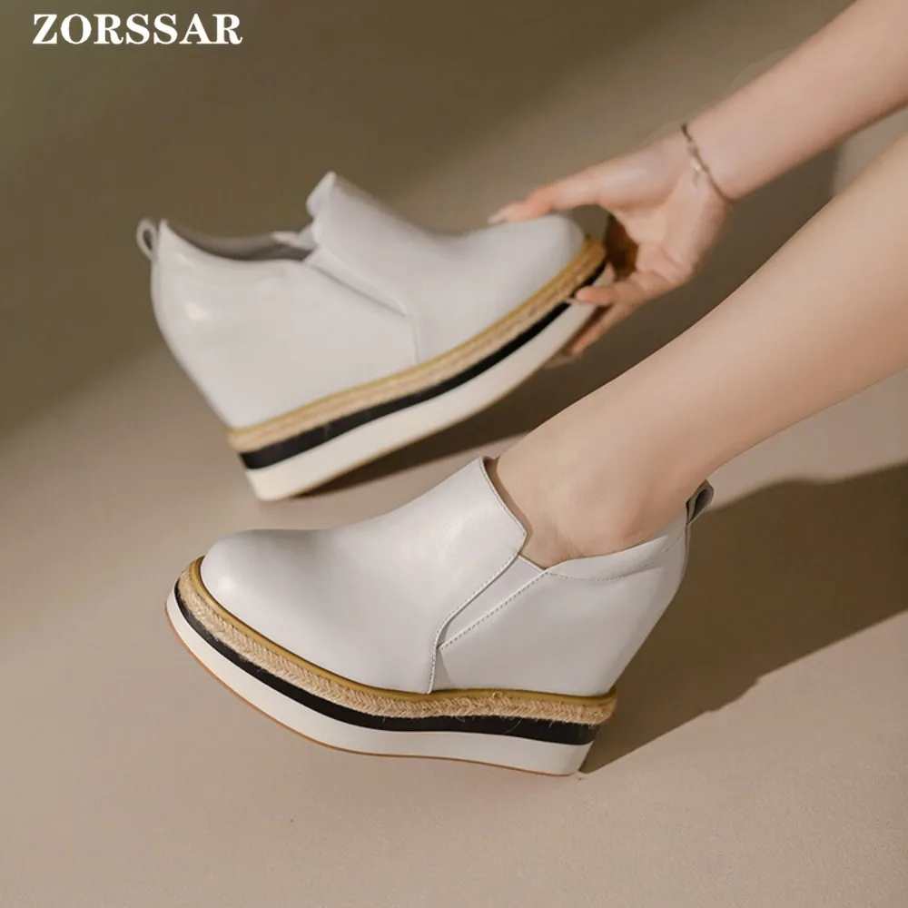 Женские кроссовки на танкетке из натуральной кожи 12 см повседневные дышащие