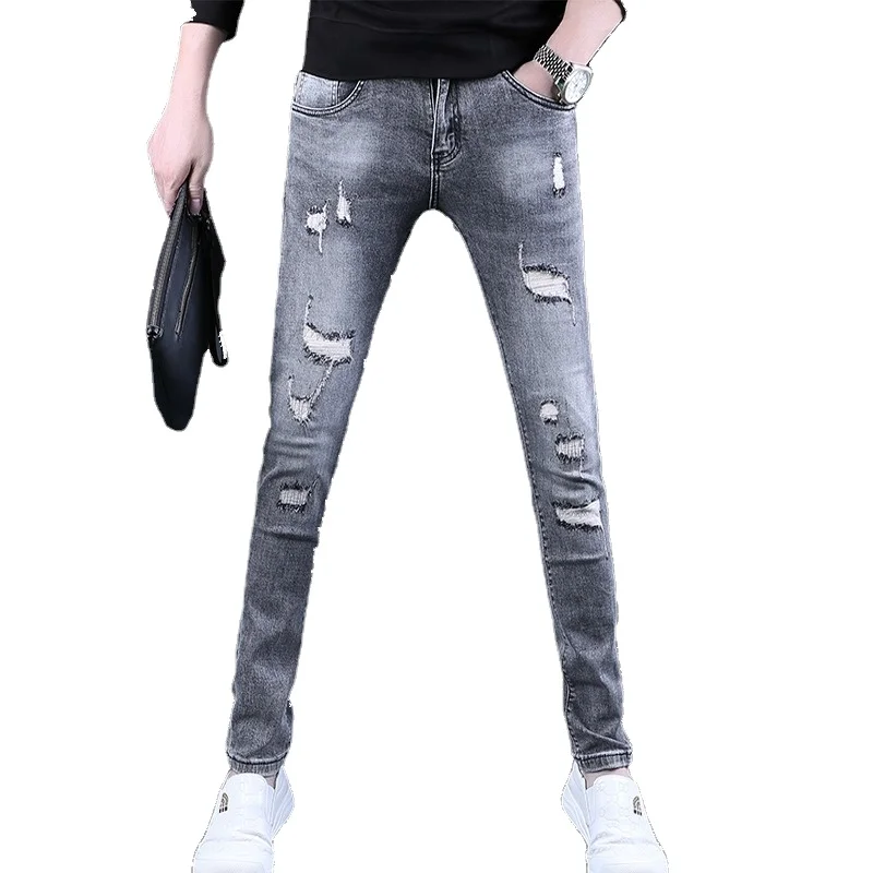 Summer Men Gray Ripped Jeans Streetwear Casual Slim Fit Pencil Pants Korean Style Patches Denim Trousers