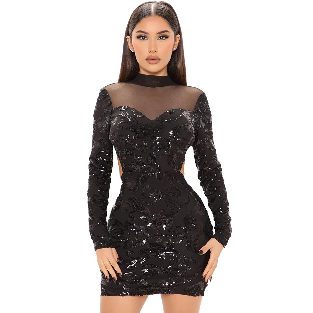 Women Sexy Sequins Evening Dress Spaghetti Long Sleeve Backless Party Club Dress Fashion Bodycon Hollow Out Mini Dresses