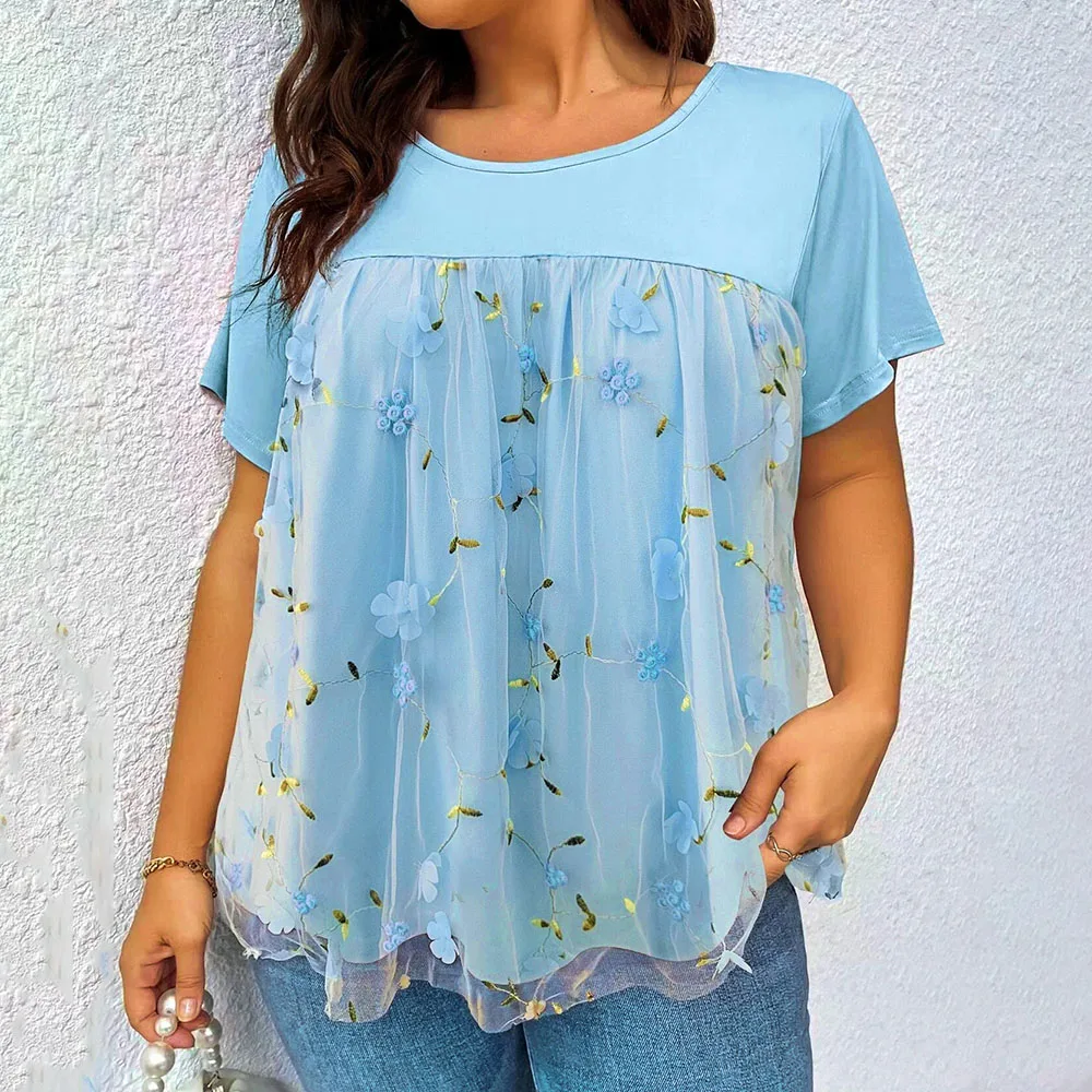 

New All-Match Summer Design Sense Print Lace Round Neck Short Sleeve Solid Top Loose Size Women Pullover High Quality Clothing