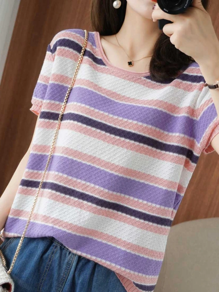 

BOBOKATEER Haut Femme T-shirty Damskie Striped Bluzka Damska Short Sleeve Woman Tshirts Elegant Camisetas De Mujer Summer Top