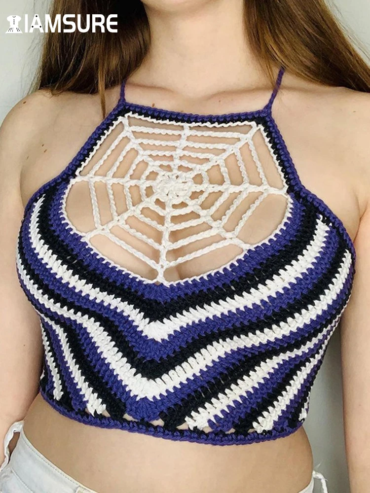 

IAMSURE Contrast Color Hollow Out Bandage Crop Tops Women 2022 Fashion Sexy Slim Sleeveless Knitted Tank Tops Ladies Streetwear