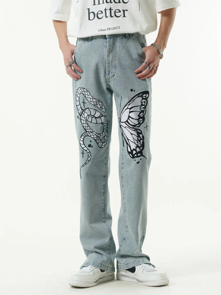 High Street Butterfly and Snake Embroidery Straight Jeans Pants Men's Ankle Zipper Retro Pockets Loose Denim Trousers Hip Hop