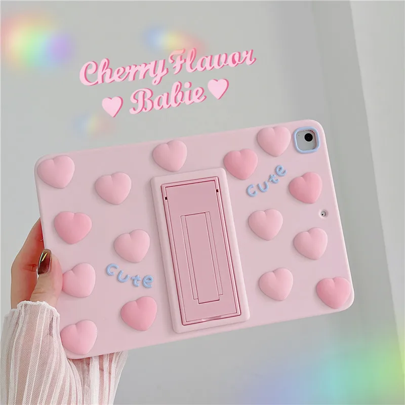 

Pink Love heart Tablet Stand Funda Silicone Shockproof 3D Case For Apple ipad 5 6 9.7 Air5 4 10.9 pro11 10.5 10.2 Mini 6 123 4 5