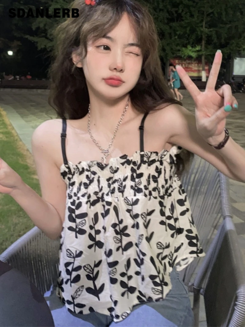 

Floral Small Sling Outer Wear Crop Tops Women's Outerwear Inner Wear Base Hot Girl Vest Female Summer Loose Sleeveless Clothing