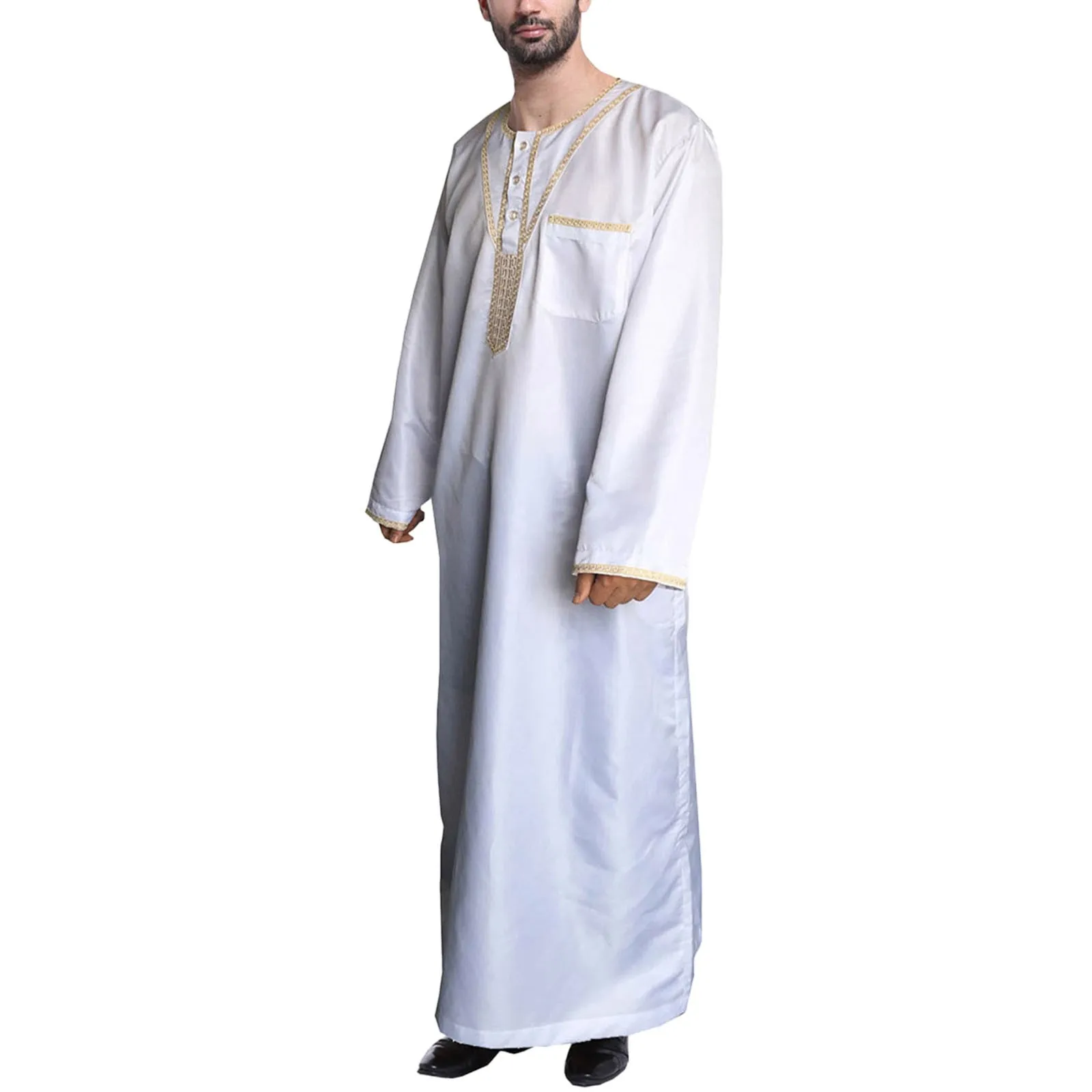 Men's Casual Muslim Arab Middle Solid Color Collar Long Sleeved Robe Lapel Overshirt
