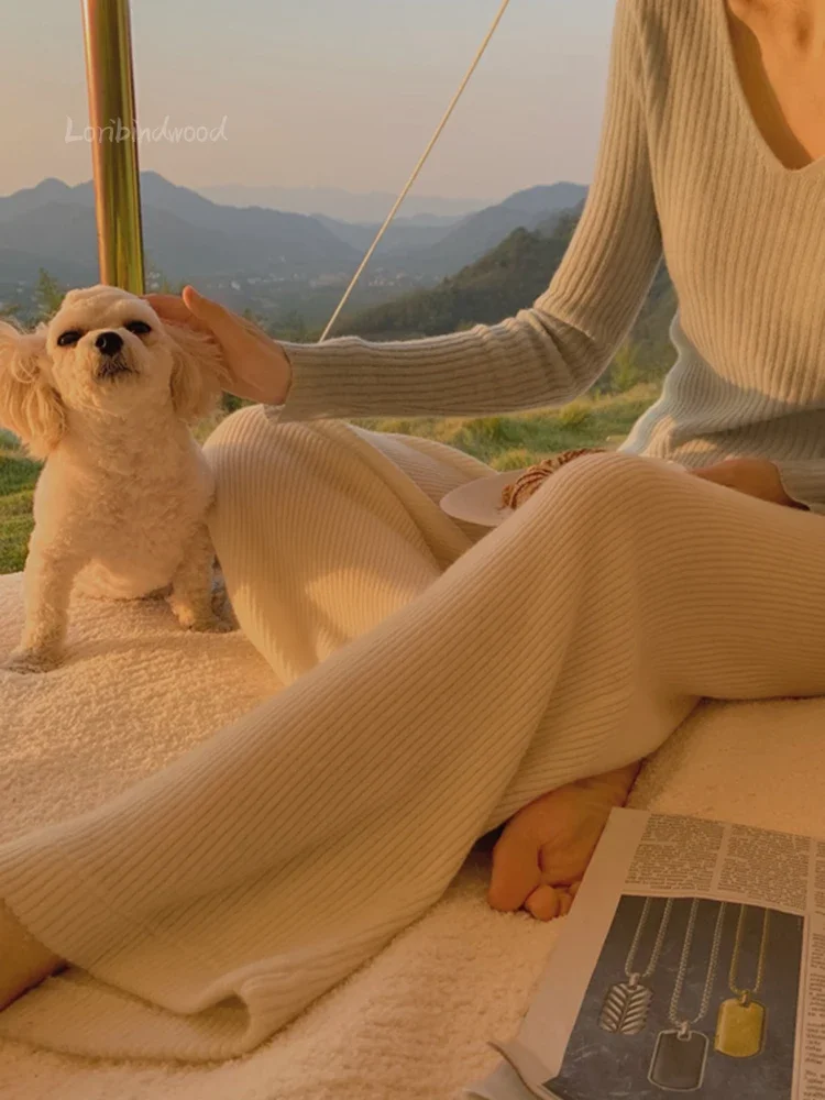 Белые женские брюки с высокой талией для похудения прямые полосатые трикотажные