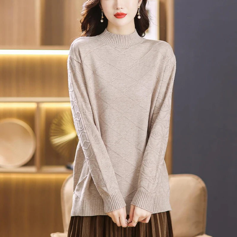 Очень большой осенне-зимний свитер с полувысоким воротником свободный 100 00 кг