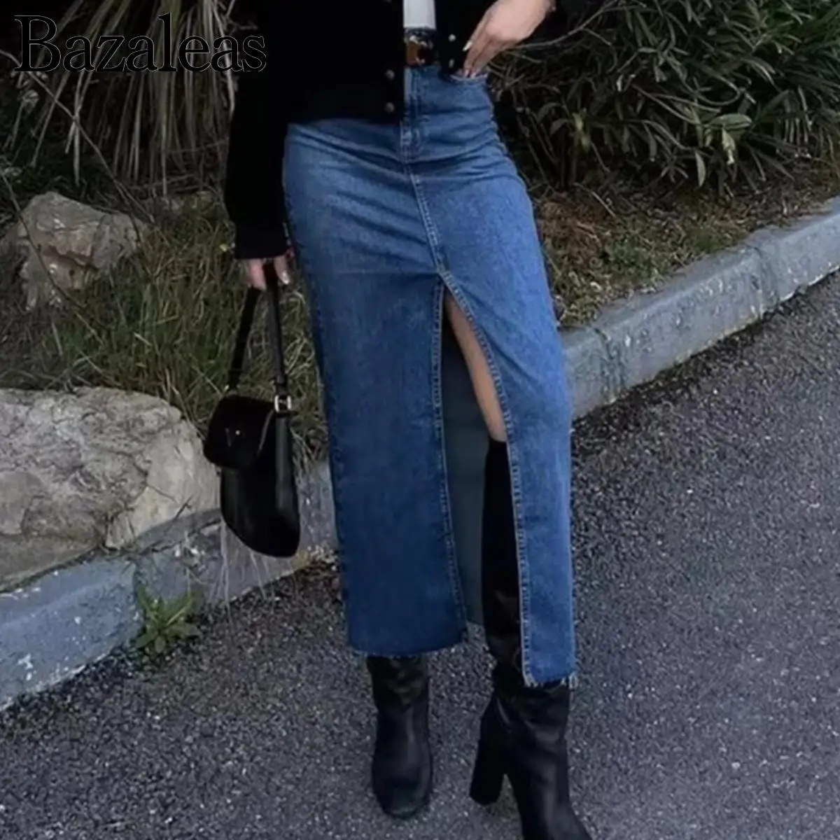 

Винтажные юбки Bazaleas Traf 2023 с завышенной талией, на молнии, с разрезом спереди, женские джинсовые миди-юбки с передними разрезами