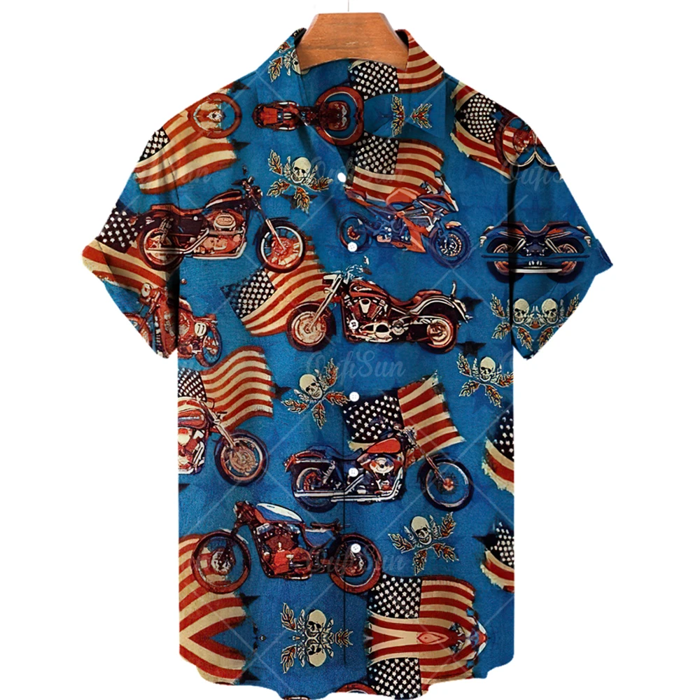 

2022 new motorcycle skeleton element shirts for men summer trend loose short-sleeved Hawaiian shirt casual vacation men clothing