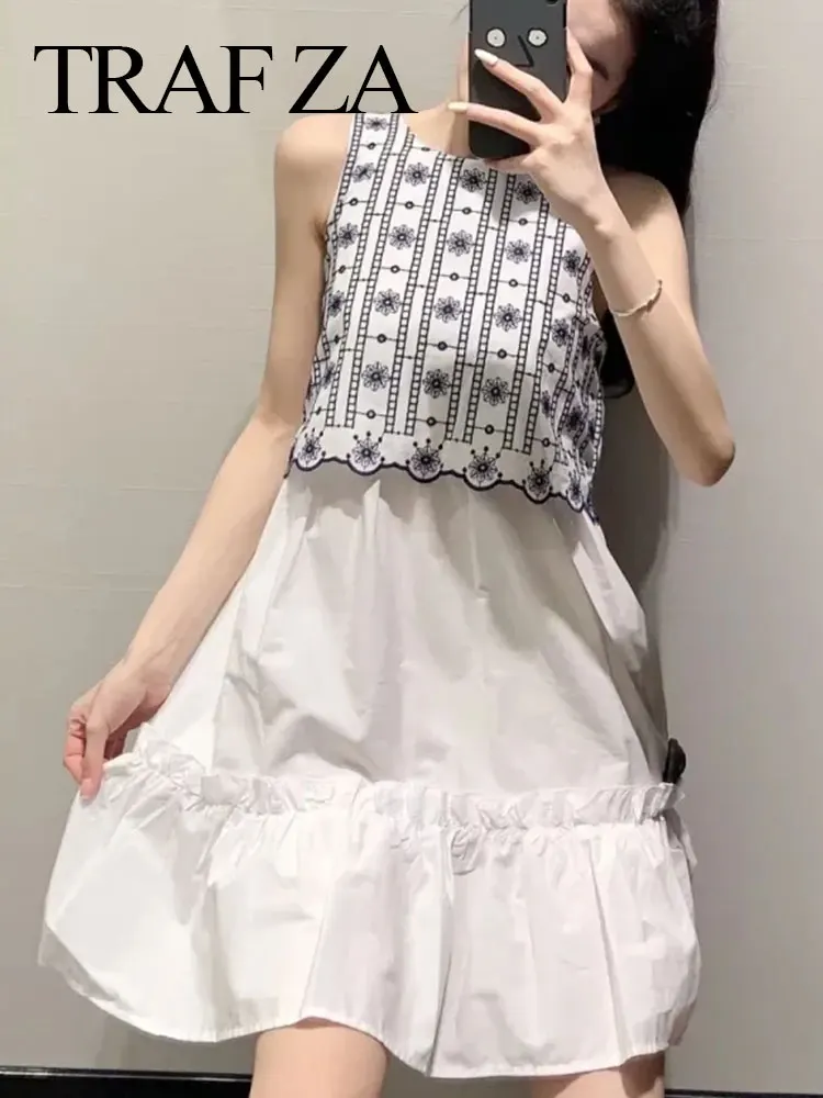 

TRAF ZA Fashion Premium Cotton Comfortable Sleeveless Women's Dress Summer Elegant Embroidered Vest Fake Two Piece Lady Dress
