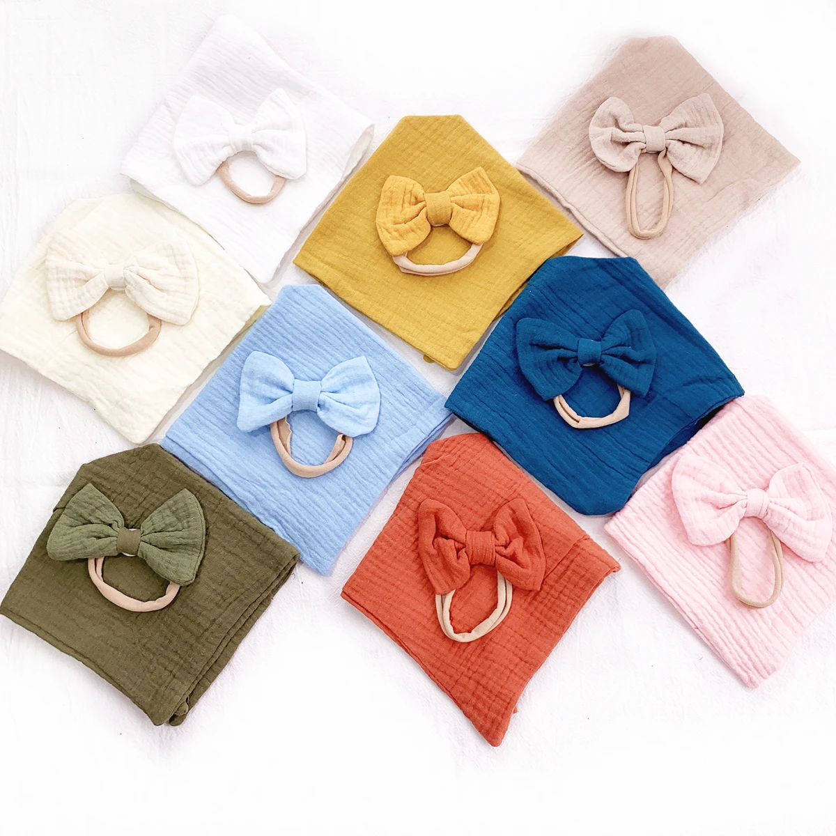 2Pcs/Set Baby Solid Color Cotton Muslin Bib Bow Hair Band Set Newborn Slabber Absorbent Burp Cloth Scarf Saliva Towel Stuff - купить по