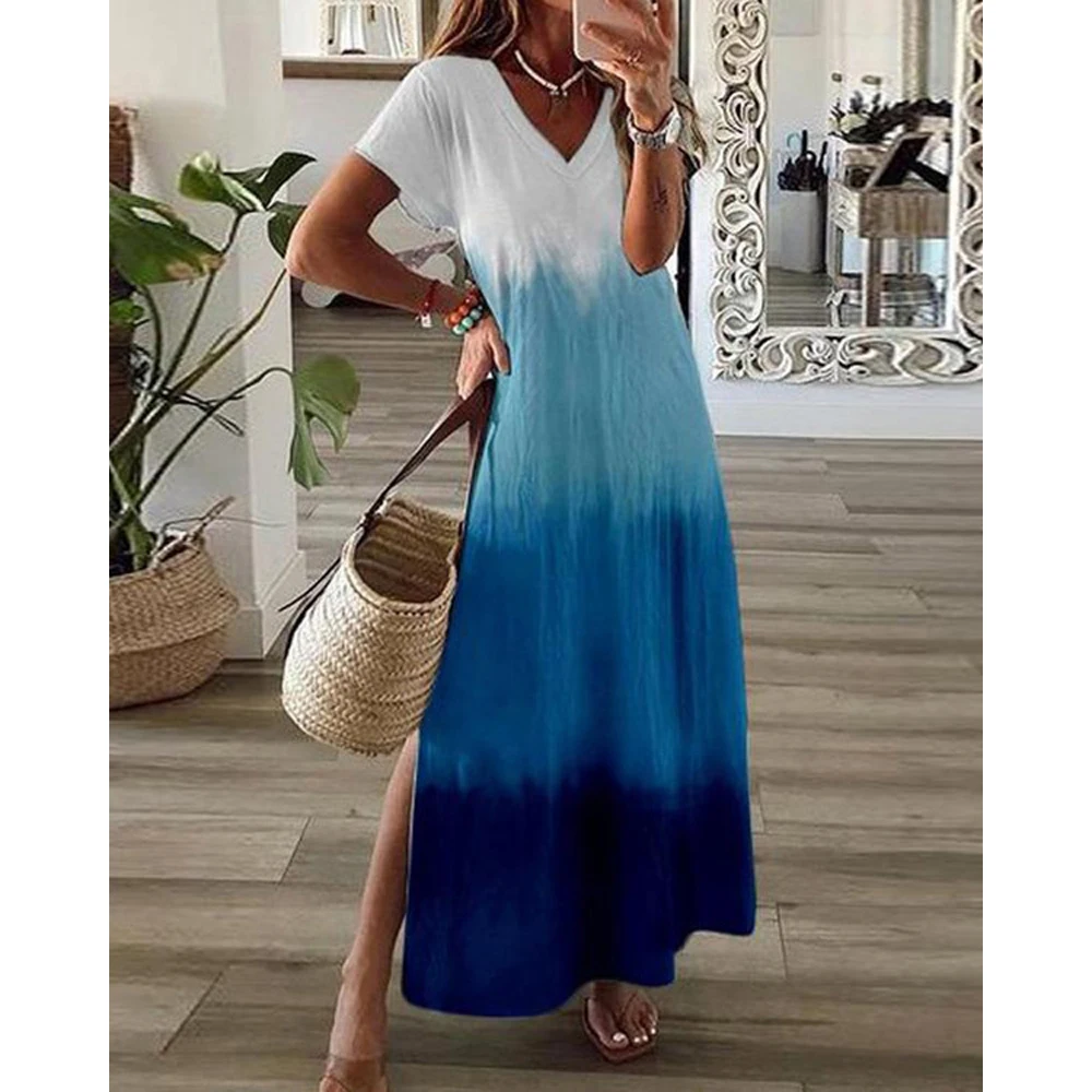 

Women Summer V Neck Short Sleeve Gradient Ombre Split Hem Maxi Dress Casual Holiday Beach Long Dress Women Clothes 2022