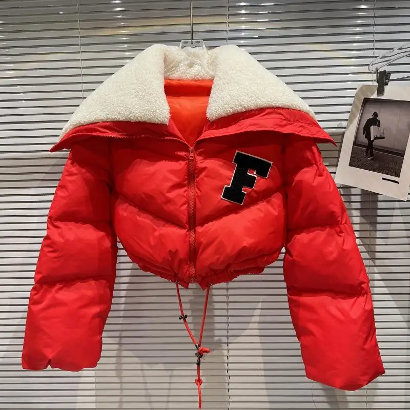 2022 Winter Long Sleeve Lambswool Sailor Collar Short Cotton Coat Women Drawstring Jacket Woman Parkas Warm Up Fur Orange Blue