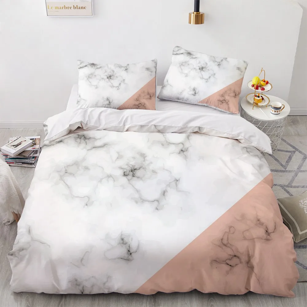 

3D Digital Marble Double Bed Linen Pink/Gray Duvet Cover Sets Twin Queen King Size 180x210cm Bedding Set Simple Home Textile