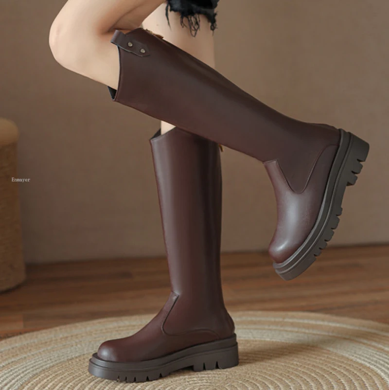 

Женские сапоги на толстой подошве ENMAYLA, зимние модные повседневные праздничные сапоги до колена на высоком квадратном каблуке с прострочкой, 2023