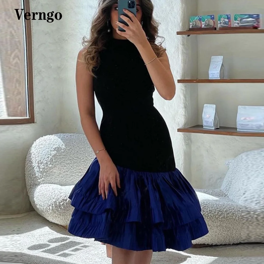 

Verngo Navy Blue High Neck Evening Dresses Tiered Skirt Knee Length Prom Gowns Saudi Arabic Women Party Dress Robe de Cocktail
