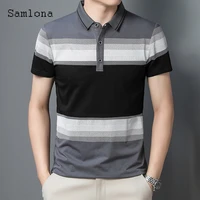 samlona plus size men casual polo shirts short sleeve fashion stripes print shirt button up tops lepal collar vintage pullovers