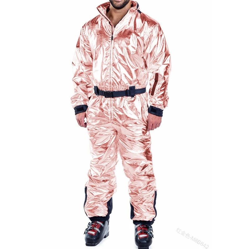 Winter Warm Skiing Parkas Jumpsuits Men Loose Zip Jumpsuits Men Long Sleeve Stand Collar High Waist Elastic Straight Jumpsuits