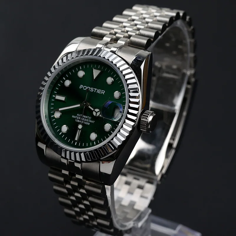 PORSTIER 36mm NH35 Men Watch Automatic Mechanical Classic Green Dial Date Luminous Sapphire Stainless Steel Waterproof Watches