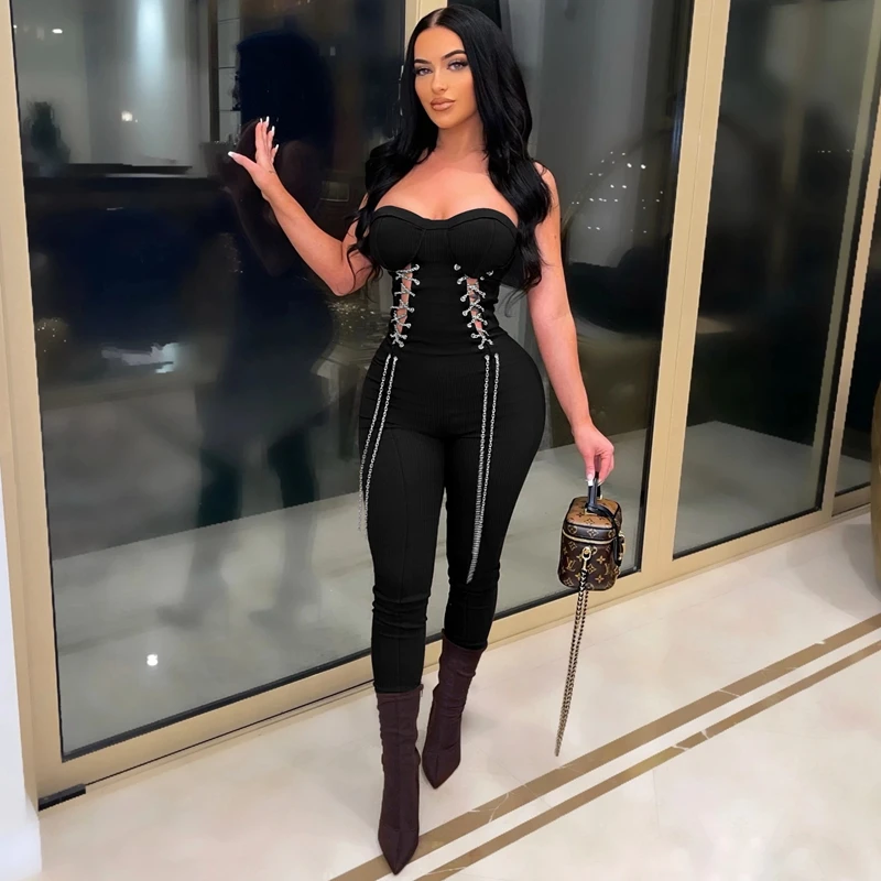 

Metal Chain Bandage Prom Strapless Jumpsuits Sleeveless Nightclub Outfits Wedding Party Evening Sexy One Piece Overall Rompers