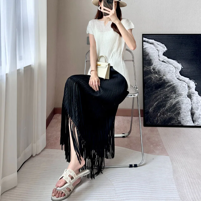 

Miyake Pleated Women's Skirts Summer Versatile Two-layer Tassel Skirt Solid Elastic High Waist Jupe Loose Simple Women Clothing