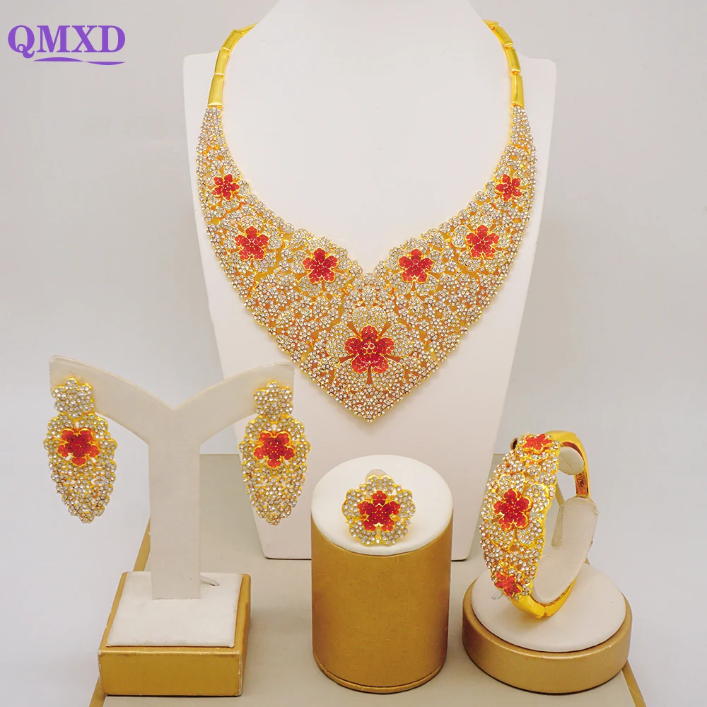 Luxury Italy Style Dubai Gold Color Jewelry Sets Crystal Necklace Earrings Bracelet Arabic Set Brazilian Jewelry Banquet Wedding