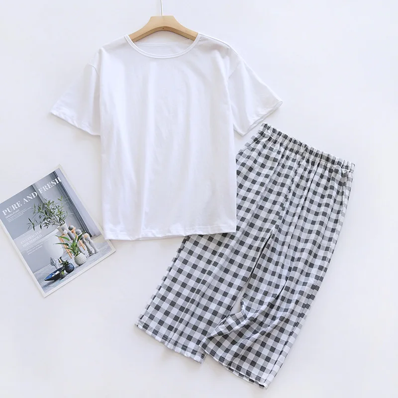 

Men Cotton White Short Sleeve T-Shirt Pajamas Plaid Capris Casual Simple Housewear Suit Simple Casual Pyjamas Lounge Set 2 Pcs