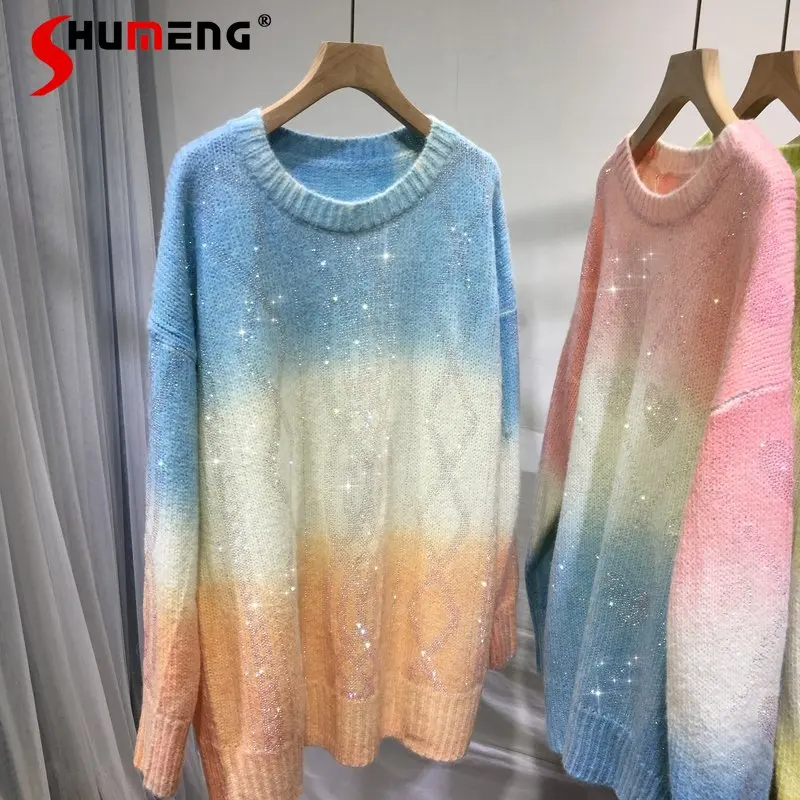 Heavy Embroidery Hot Drilling Sweater Women's Thickened Cable-Knit Sweater Loose Mid-Length Gradient Color Idle Style Pullover