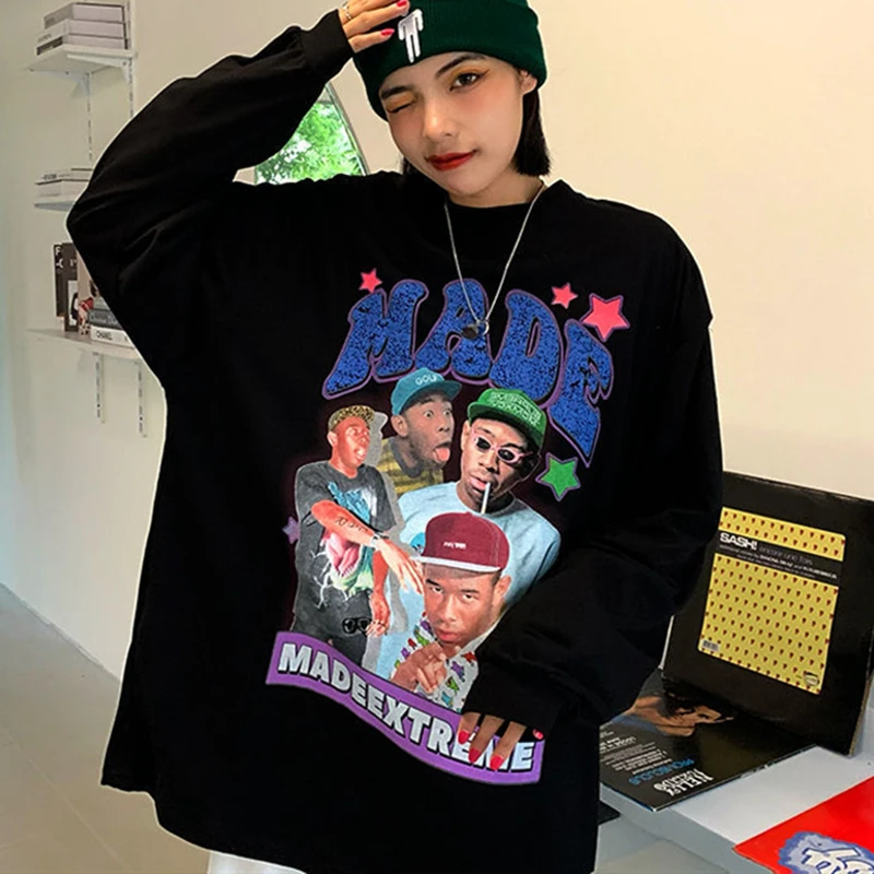 

2022 Black White Goth Style Hip Hop Girl Fun Sweatshirt Long Sleeve T Shirt Women Oversized Couples Streetwear Harajuku Fashion