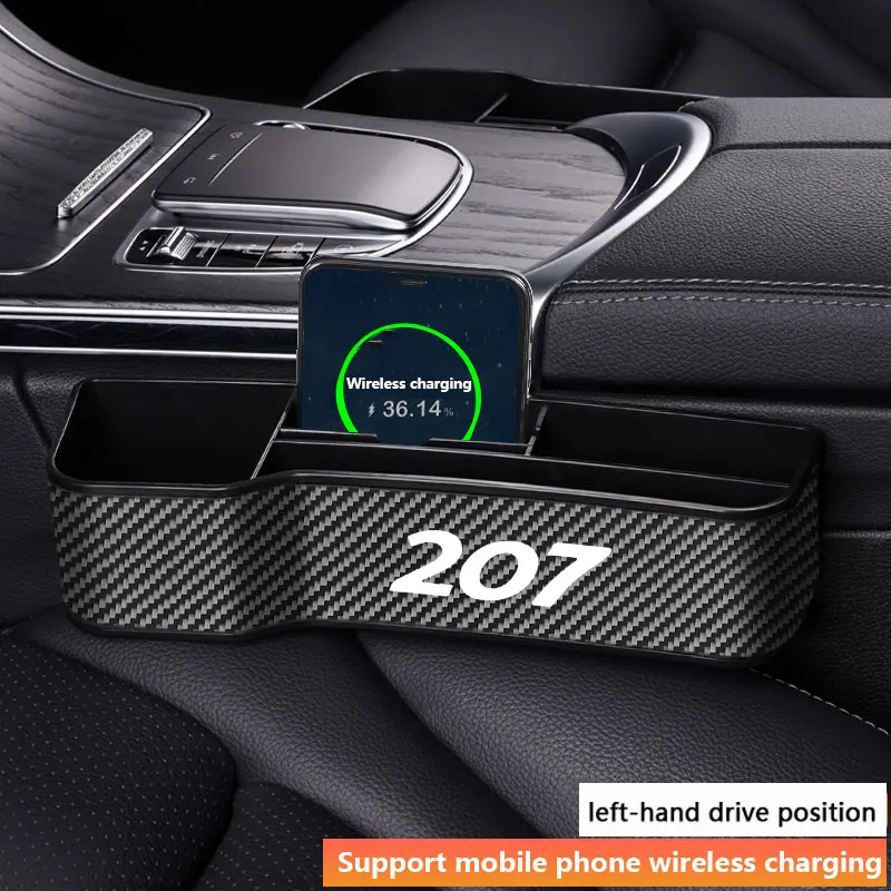 

Car Carbon Fiber Seat Gap Filler Organizer With Cup Holder With Wireless Charging For Peugeot 207 car Accessories