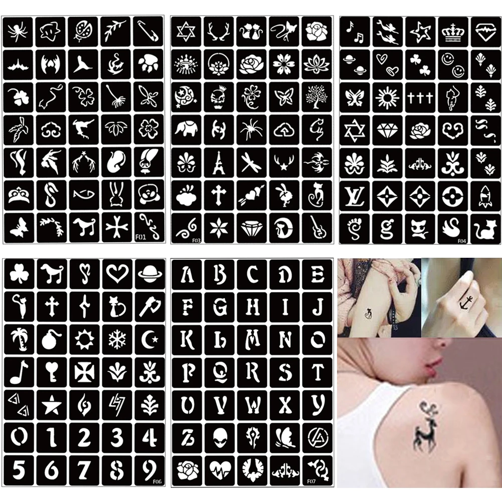 

2 Sheets/Lot Small Glitter Tattoo Stencil Kids Cute Drawing Templates,Cat Flower Letter Airbrush Henna Tattoo Stencils