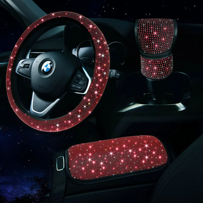 

Full Drilling Car Steering Wheel Cover Set Glitte Rhinestones Seat Console Armrest Box Pad Cushion Handbrake Protector For Women