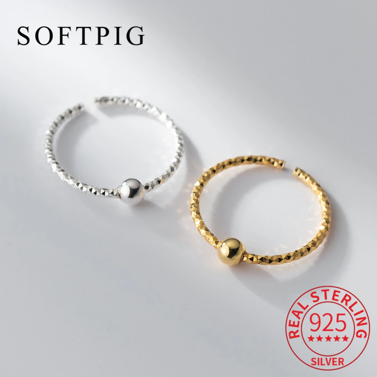 

SOFTPIG Real 925 Sterling Silver 18K Bead Geometric Adjustable Ring For Women Classic Fine Jewelry Minimalist Accessories Gift
